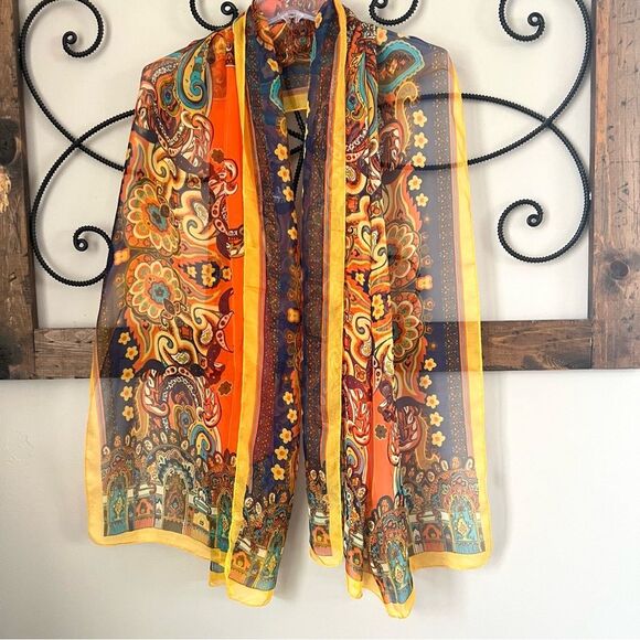 Large Multi Color Orange Yellow Layering Paisley Scarf Shawl - Picture 1 of 11